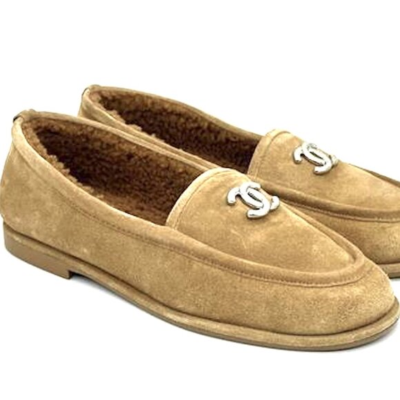 CHANEL REV Shearling Lined Suede Calfskin CC Loafers Moccasins Flat Shoes - Picture 4 of 15